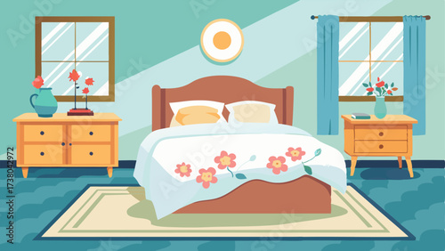 A lightfilled bedroom with white linens a floral quilt and a vintage chest at the foot of the bed