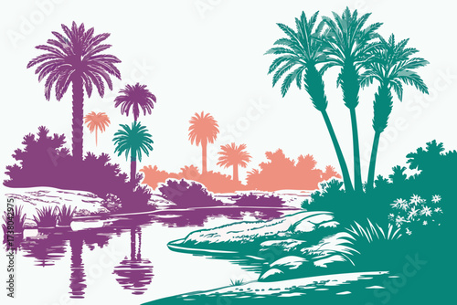 Colorful desert oasis with palm trees and water reflections