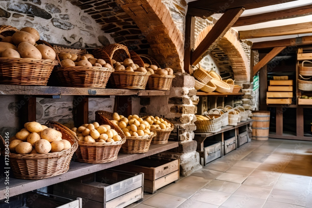 Fototapeta premium Fresh potatoes in wicker baskets stored in rustic cellar