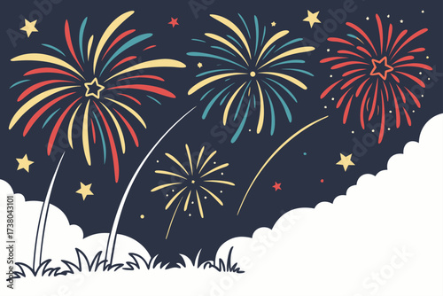 Colorful fireworks exploding in night sky with stars and clouds