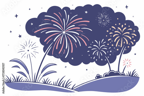 Colorful fireworks exploding in a night sky over grassy hills