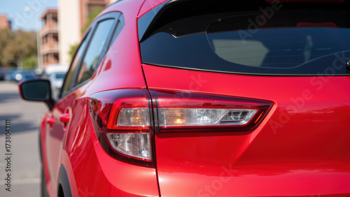 Sleek red car with modern design, showcasing rear light and body curves, parked in urban setting, exuding style and sophistication