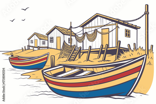 Colorful fishing boats and huts on a beach fishing village