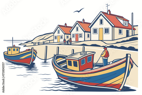 Colorful fishing boats at a coastal village fishing village