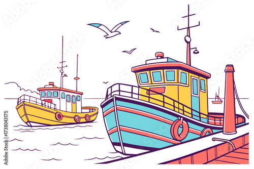 Colorful fishing boats at a harbor with seagulls water