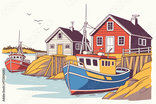 Colorful fishing boats at a coastal village harbor