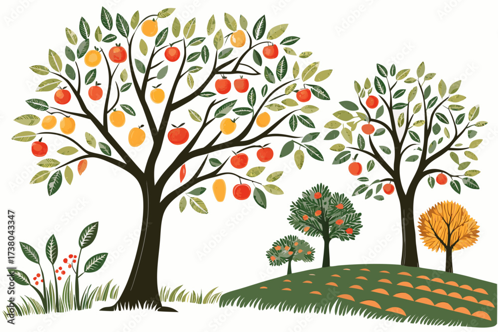 Fototapeta premium Colorful fruit trees with oranges and apples on white background