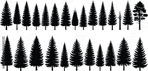 Silhouette pine trees, evergreen forest illustration, conifer woodland design, black Christmas tree pattern, winter nature background, isolated tree silhouettes, unique tree shapes