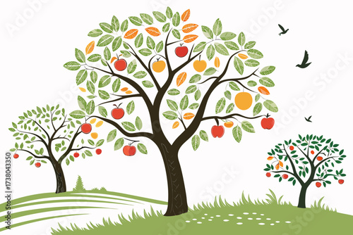 Colorful fruit trees with birds flying over green hills