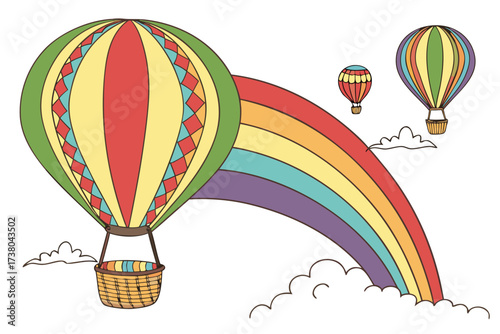 Colorful hot air balloons and rainbow on white background 1