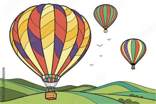 Colorful hot air balloons over rolling green hills 1