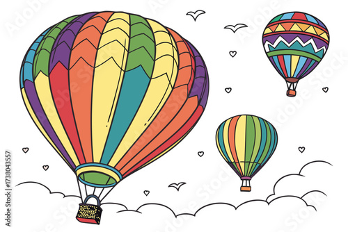 Colorful hot air balloons flying with birds and clouds