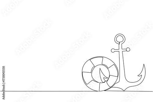 Single one line drawing anchor and lifebuoy side by side. Two important components in ship mooring. Prevents the ship from drifting. National Maritime Day. Continuous line design graphic illustration