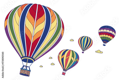 Colorful hot air balloons floating on white background