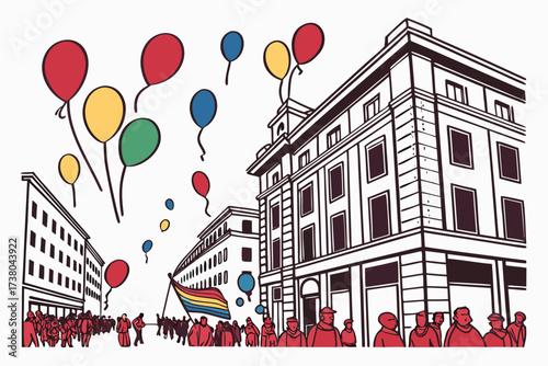 Colorful parade with balloons and rainbow flag on white background