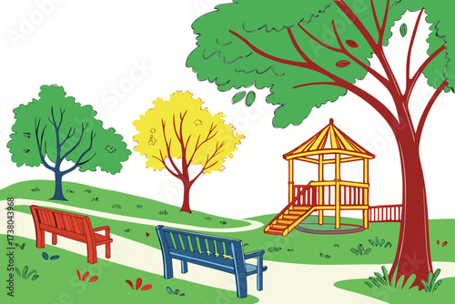 Colorful park scene with benches gazebo and trees public park