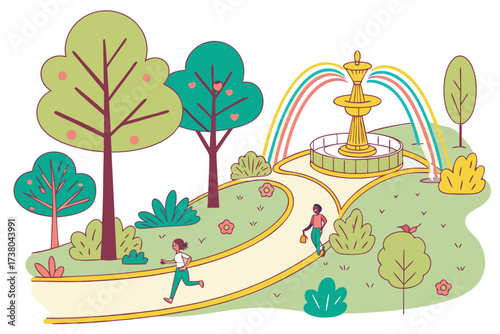 Colorful park scene with fountain and people running 1
