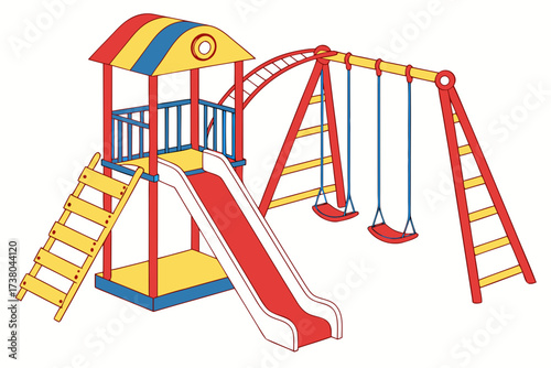 Colorful playground with slide and swings park recreation