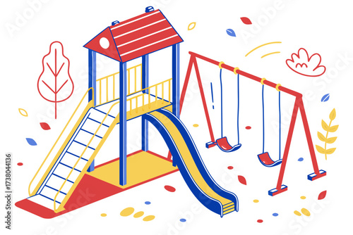 Colorful playground with swings and slide on white background