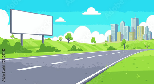 Cartoon road leading to a city with a billboard