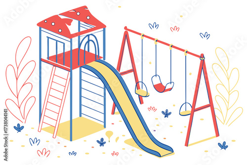 Colorful playground with swings and slide on white background 2