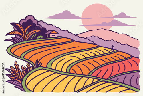 Colorful rice terraces at sunset with a lone figure