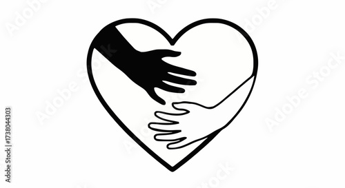 Hands of different colors embracing inside a heart