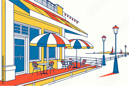 Colorful seaside cafe with umbrellas and chairs outdoor seating