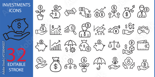 Investment icon set. Containing investor, asset, profit, dividend, economy, financial gain, money, risk management, growth, fund and more. Editable line icons. Vector illustration for mobile and web. 