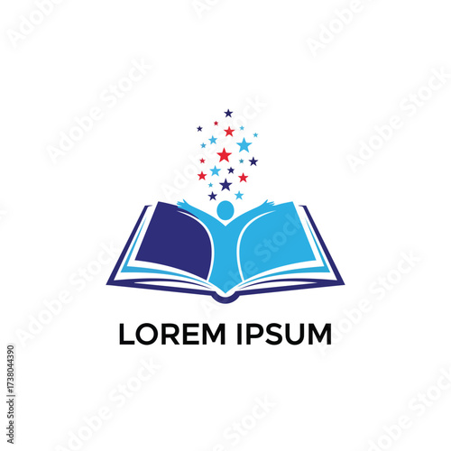 Illustration of an open book with a figure and stars, , representing knowledge and imagination