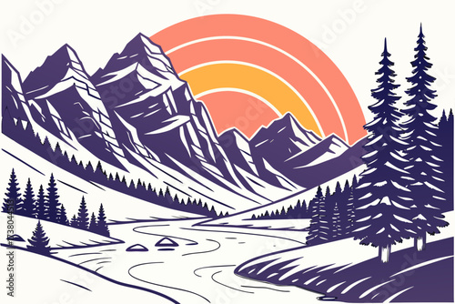 Colorful sunrise over purple mountains and snowy landscape