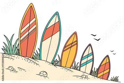 Colorful surfboards on a sandy beach with grass and birds
