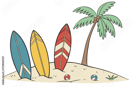 Colorful surfboards on a sandy island with palm tree