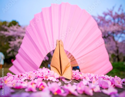 Origami crane amidst cherry blossoms