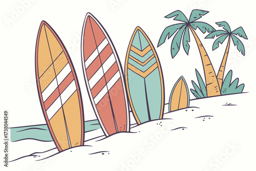 Colorful surfboards on a sandy beach with palm trees