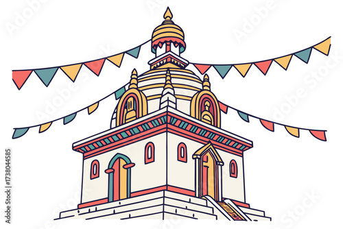 Colorful temple with prayer flags vector art building