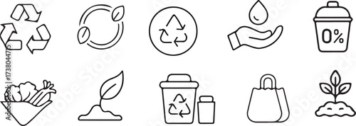 Minimalist zero waste web icon set in thin line style. Includes eco-friendly symbols such as recycling, reusable bags, compost, biodegradable products, refill containers, sustainable living, and plast