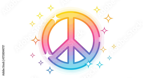 Vibrant peace symbol radiating positive energy and bright pastel colors with glitter stars