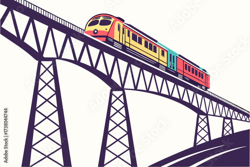 Colorful train on a tall purple bridge railway transportation