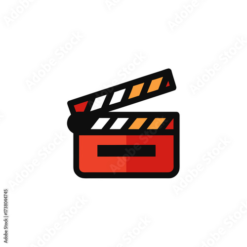 Red clapperboard icon with white and orange stripes on black background