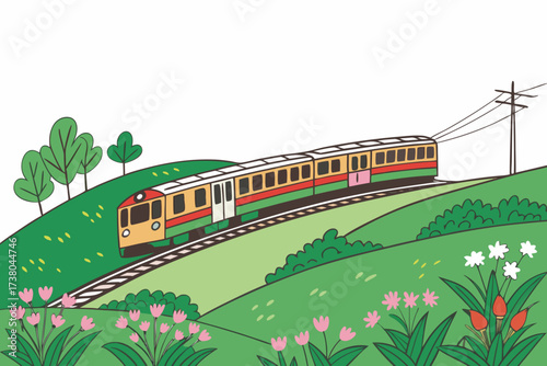 Colorful train travels through rolling green hills with flowers