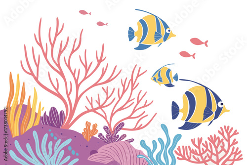 Colorful tropical fish swimming among coral reefs underwater