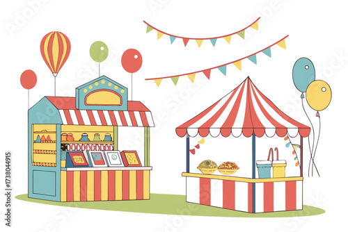 Colorful village fair stalls with balloons and bunting