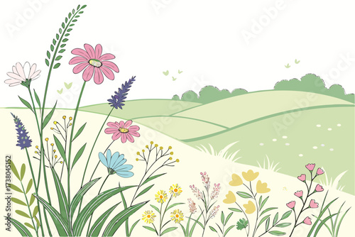 Colorful wildflowers in a gentle rolling meadow vector illustration