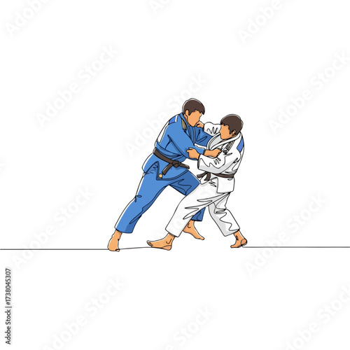 Two judo athletes in action, focused on the main subject.