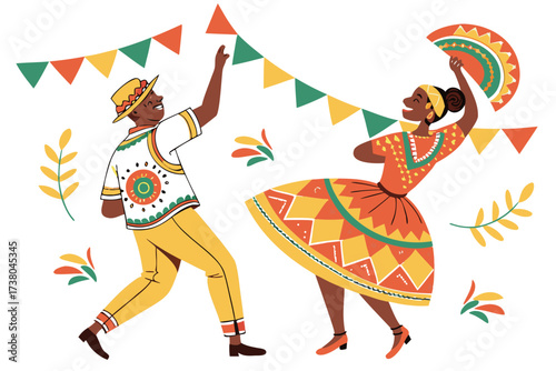 Couple dancing in colorful festival attire with festive flags