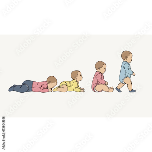 Babys developmental stages - crawling, sitting, and walking.
