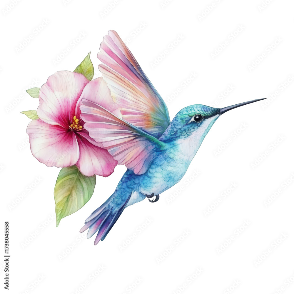 Obraz premium Hummingbird with pink hibiscus isolated on transparent background, a delicate watercolor painting capturing the birds vibrant colors and graceful flight