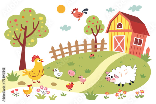 Cute farm animals and barn on a grassy hill sheep chickens