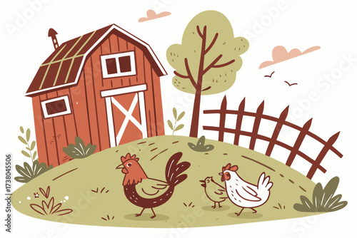 Cute farm scene with chickens and barn on a hill rooster